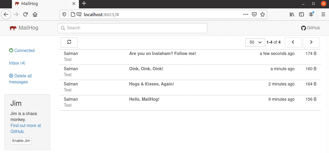 MailHog Web UI Quicklook